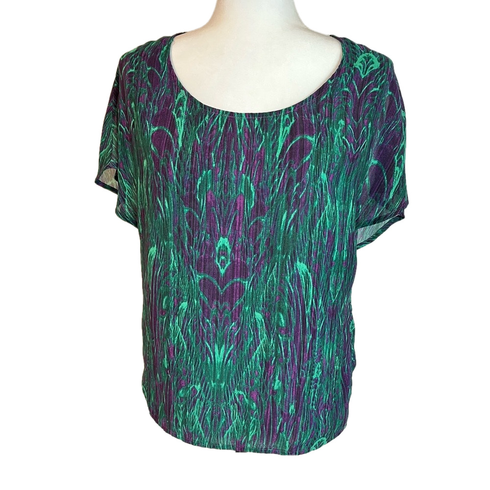 GUESS Women’s Sheer Split Back Cap Sleeve Purple Green Flowy Top XS